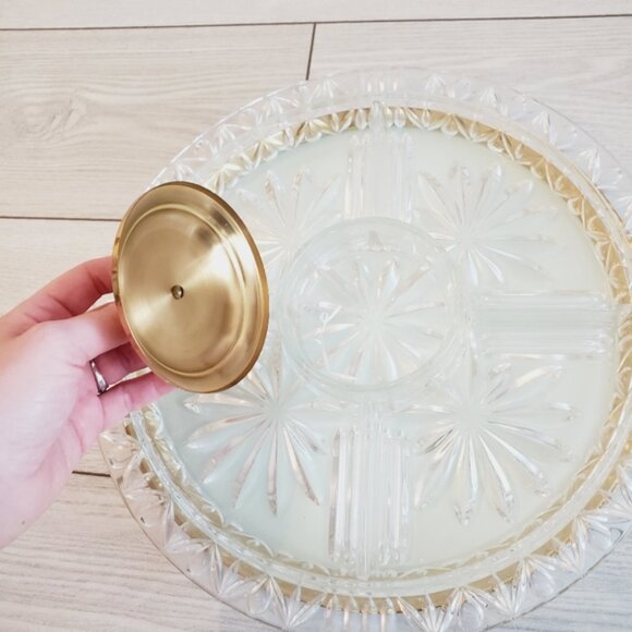 Rare Vintage Mid Century 60s Brass Lazy Susan Rotating Crystal Glass Tray - Picture 4 of 8